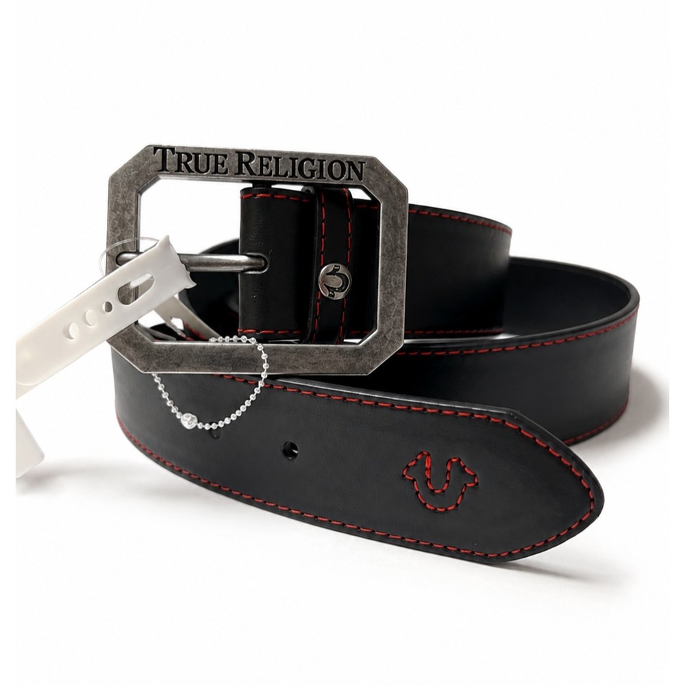 True Religion Men's Belt Black Red Stitch Gunmetal Buckle L/XL 45" NEW